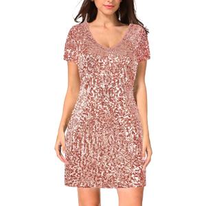 MANER Women's Sequin Glitter Short Sleeve Dress Sexy V Neck Mini Party Club Bodycon Dresses (Medium)