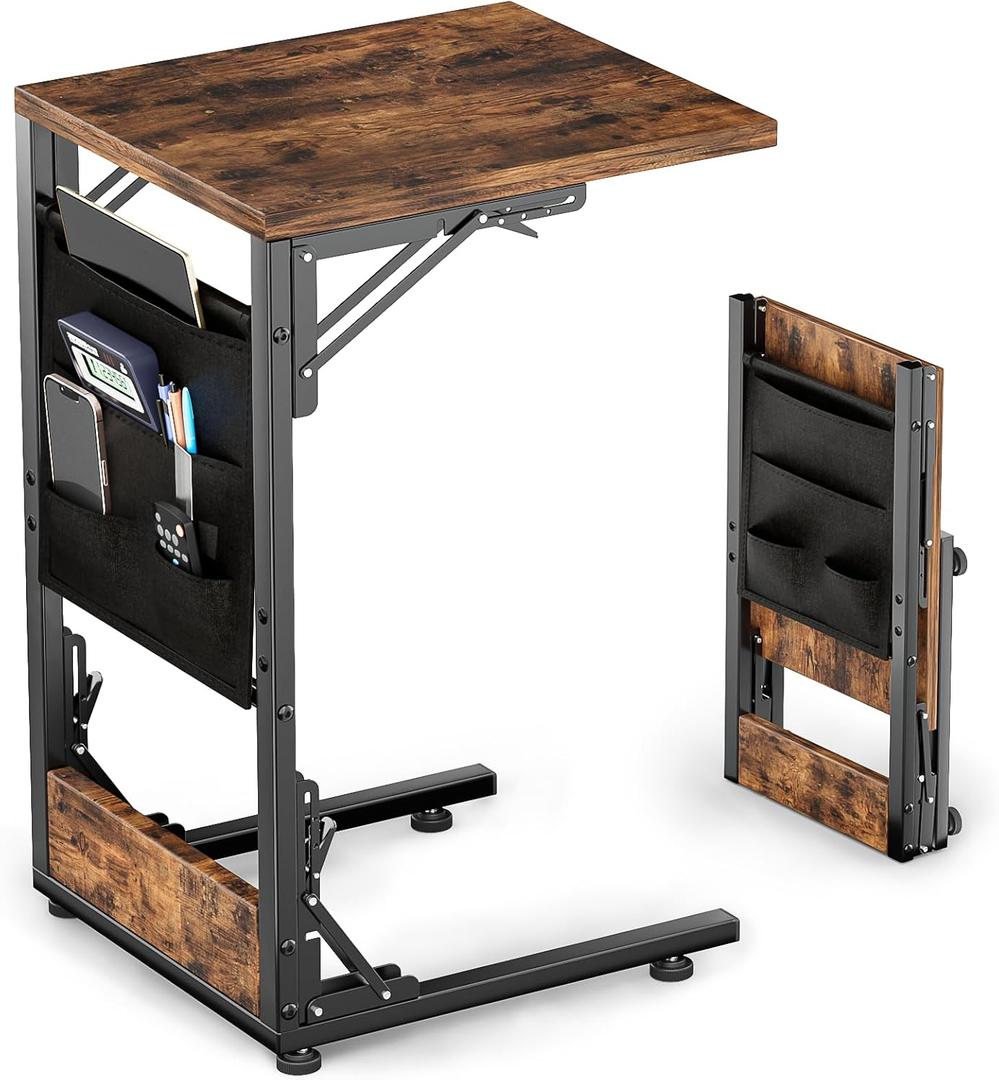 Kufutee Folding TV Tray Table, Small Folding Side Table with Storage Bag, Portable C Shaped End Stand for Couch Sofa Bed, Rustic Brown