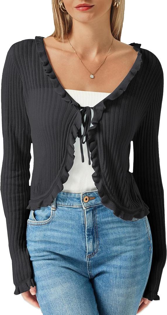 Womens Sheer Lightweight Cardigan Long Sleeve Tie Front Cropped Bolero Shrug Ruffle Trim Hollow Out Tencel Mesh Cardigan (Black, L)