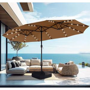 PHI VILLA 15ft Large Patio Umbrella with Solar Lights, Double-Sided Outdoor Market Rectangle Umbrellas with 36 LED Lights, Umbrella Base (Stand) Included, Maillard Brown