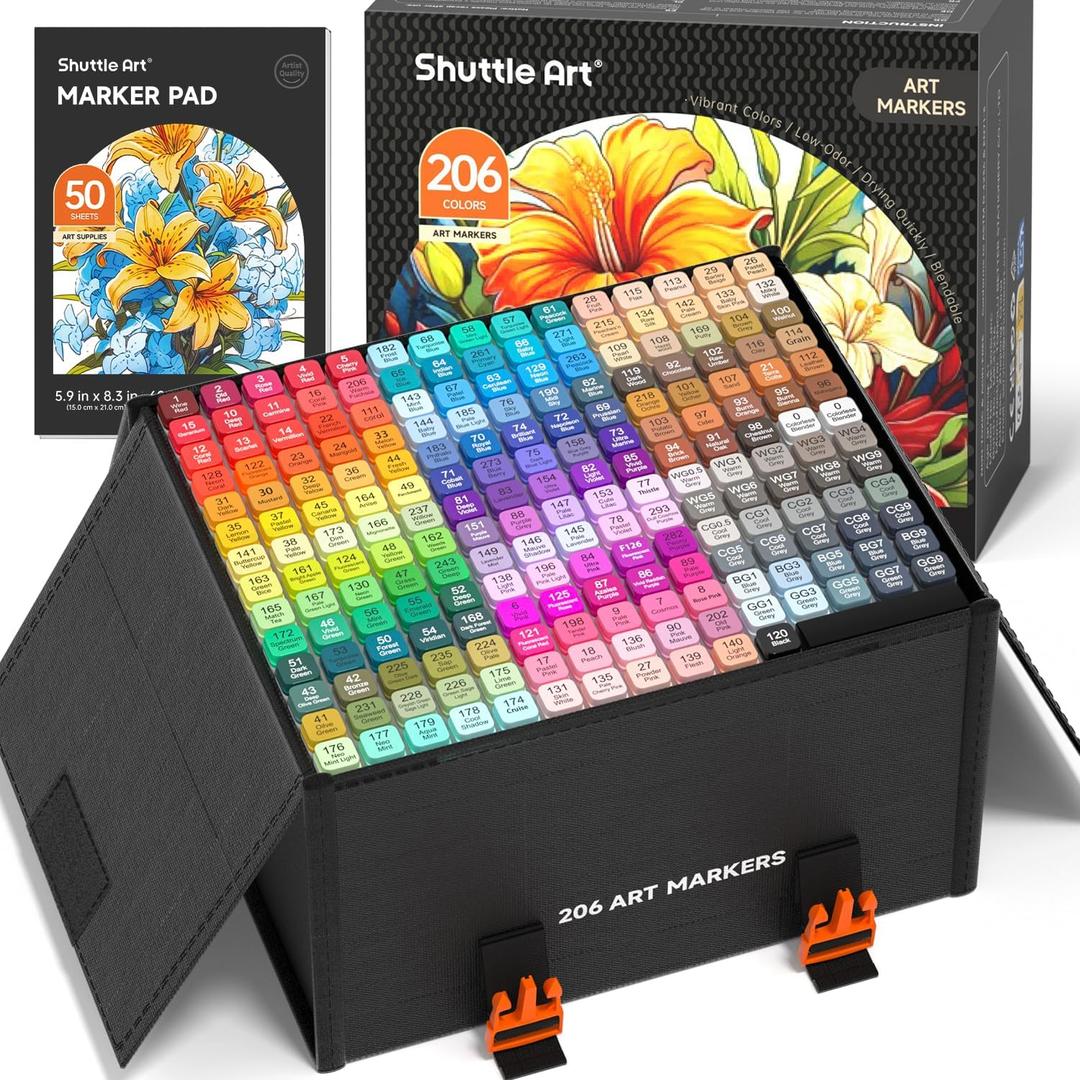 Shuttle Art 206 Colors Alcohol Markers, 204 Colors Dual Tip Art Marker Set Plus 2 Colorless Blender, Micro-tip Pens, White Highlighter Pens, Marker Bag Perfect for Students, Adults Coloring