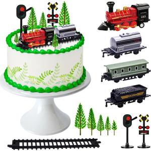 MEMOVAN Train Cake Toppers 13pcs Train Cake Decorations Mini Trains Toy Traffic Track Railway Lights Cake Topper Decorations for Boy's Kids Steam Trains Theme Birthday Party Supplies