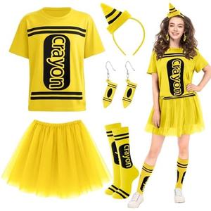 Newcotte 7 Pcs Halloween Crayon Costume Set with Crayon T Shirt Tutu Skirt Thigh High Stockings Wooden Earring XS