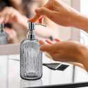 18 Oz Glass Soap Dispenser with Stainless Steel Pump, Modern Ribbed Design Refillable Liquid Soap Bottle for Bathroom, Kitchen, Hand Soap, Dish Soap, or Lotion (Grey)