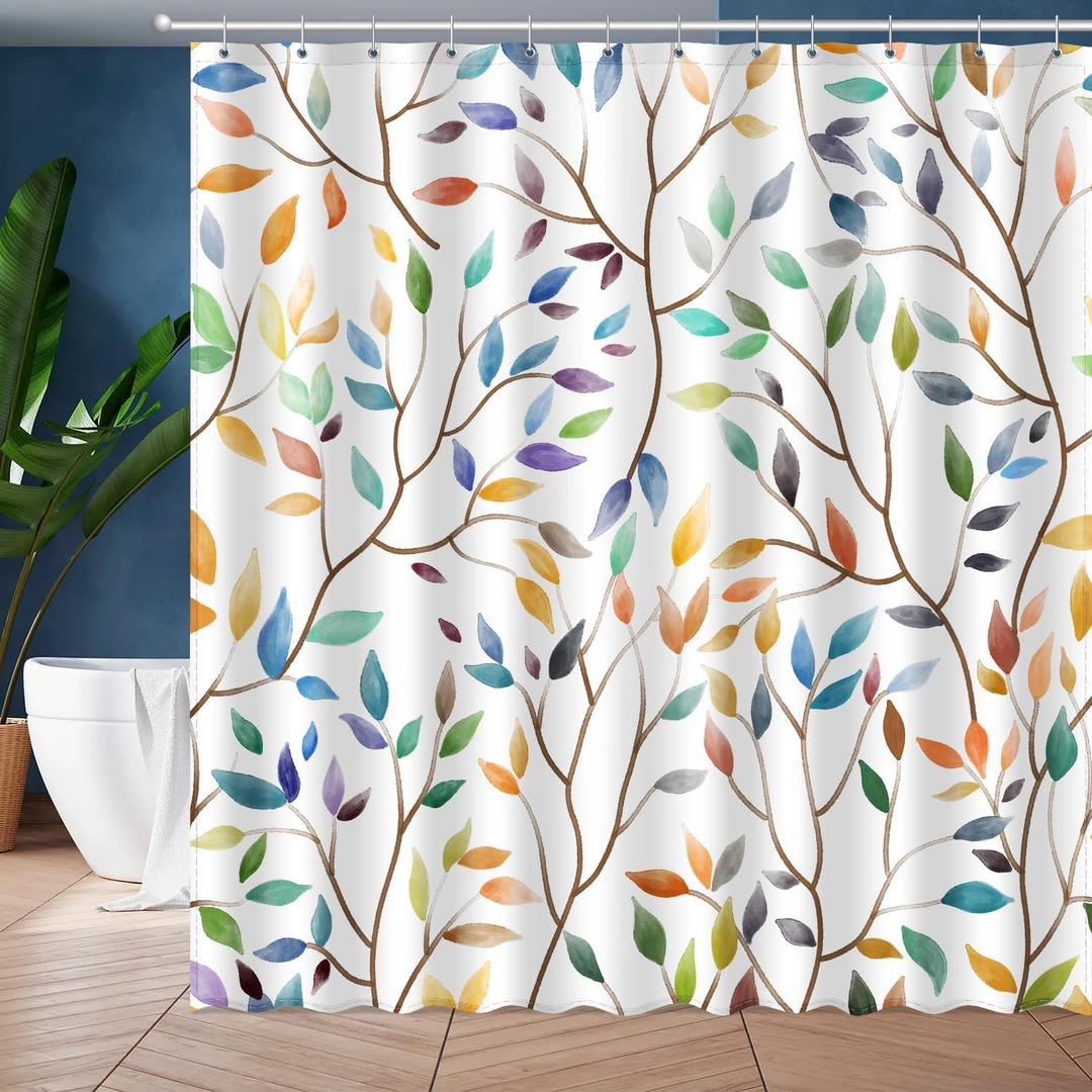 Boho Leaf Floral Shower Curtain, Spring Summer Modern Colorful Botanical Leaves Bohemian Fabric Shower Curtain Set with 12 Hooks, Bathroom Accessories Decor Cloth Curtain 72x72 Inches (White)