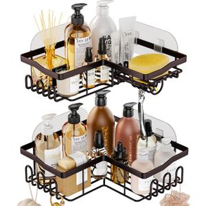 SWTYMIKI Stainless Steel Corner Shower Caddy, Shower Storage Basket Shelves with 11 Hooks, 2-Pack Shower Organizers Built-in Soap Holder No Drilling Shower Racks for Bathroom, Bronze (2-tier, Z-bronze)