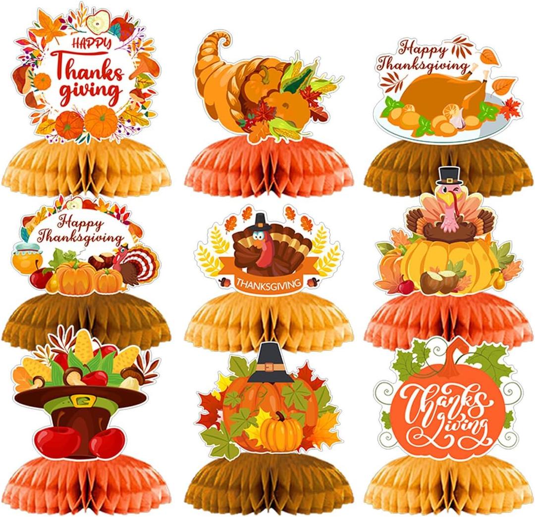 2 x 9 Pieces Fall Party Decorations,Thanksgiving Honeycomb Centerpiece Set with 3D Double-Sided Thanksgiving Table Decoration for Autumn Theme Birthday Party Supplies