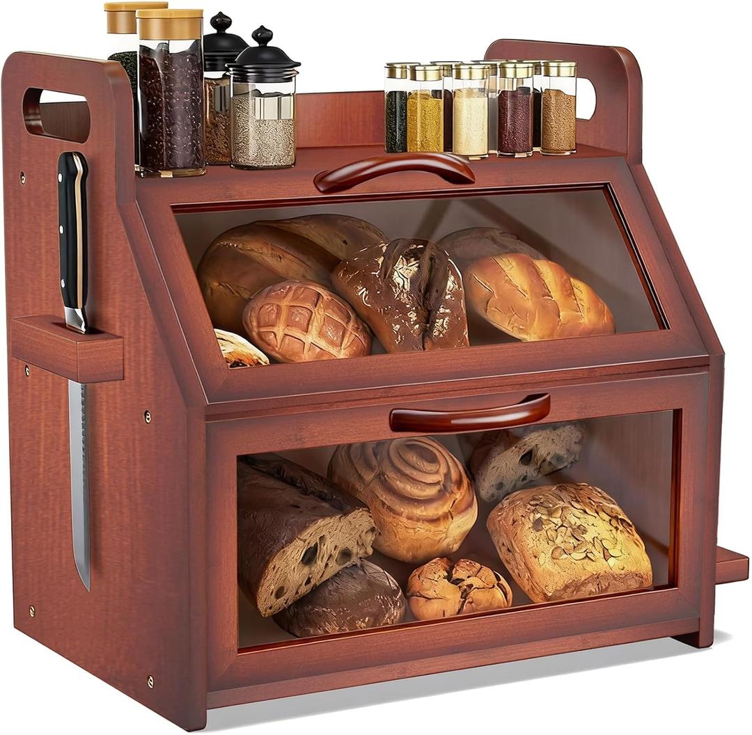 BAMBANG Extra Large Bread Box, Double Layer Bread Box for Homemade Bread, Bamboo Wooden Bread Storage Container with Tool Holder & Handles & Window, Assembly Required(14.9" x 11" x 15.3") Brown