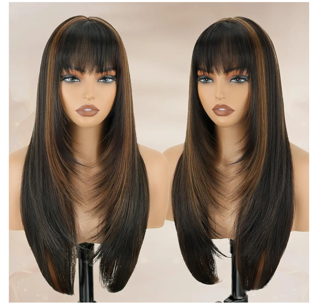 Highlight Long Straight Layered Wig with Bangs for Women 26 inch Highlight Brown Put on Go Realistic Synthetic Heat Resistant Natural Wig for Girls Party Cosplay and Daily Use