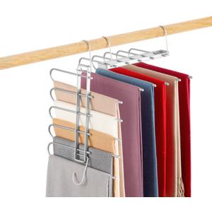 Pants Hangers Space Saving,Closet Hangers 5 Layers 2 Uses Multi Functional Pants Rack,Metal Heavy Duty Wardrobe Organizer Racks for Clothes Trousers Scarves Ties (Silver)