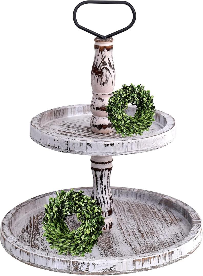 Tiered Tray Cupcake Stand 2 Tier Trays Serving Cakes Holder with Handle,Round Rustic Organizer for Kitchen,Homeware Display Platters for Party