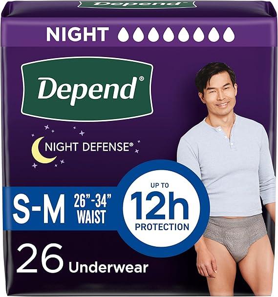Depend Night Defense Adult Diapers, Incontinence Underwear for Men, Disposable, Overnight, Small/Medium, Grey, 26 Count