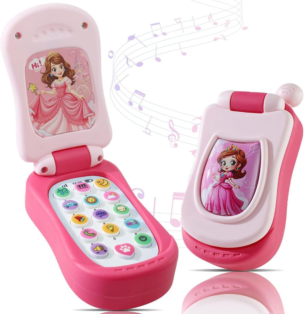 FENYAN Baby Cell Phone Toy 12-18 Months, Toddler Play Phone with Light and Music, Preschool Learning and Education, Christmas Birthday Gifts Princess Flip Smartphone Toys for Girl 1-3