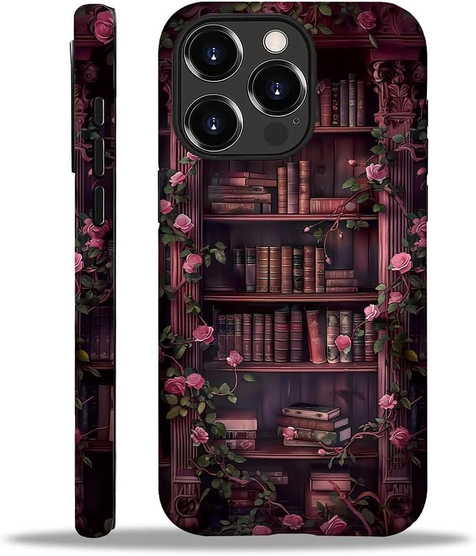 Magnetic Case for iPhone 16 Pro Max, Compatible with Magsafe, PC Hard Shell & Silicone Inner Bumper, Shockproof Full-Body Cover Slim Design for iPhone 16 Pro Max Case - Floral Bookish Dark