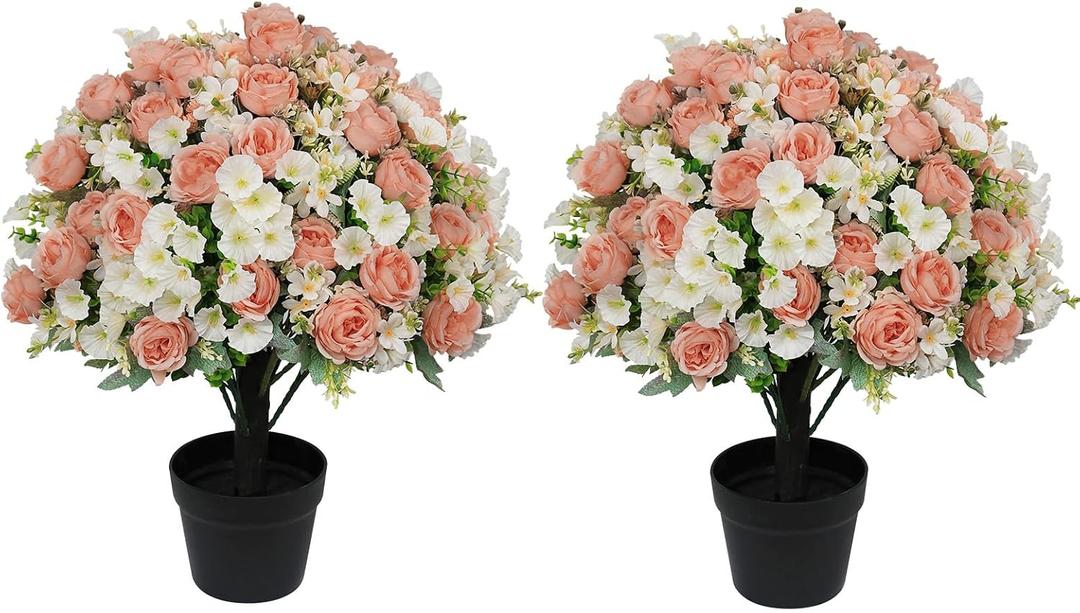 24" Artificial Peony Flowers Topiary Ball, Faux Outdoor Plants
Set of 2, UV Resistant, Potted Fake Bushes and Shrubs in Cement Pots for Front Porch Outside Planter Decor