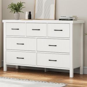 Jocoevol Fluted White 7 Drawers Dresser for Bedroom, Modern Chest of Drawers with Metal Handles, Wood Storage Dresser with Deep Drawers for Living Room, Hallway