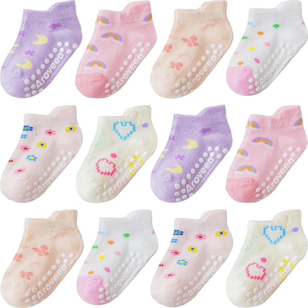 Baby Toddler Socks Grip Non Slip Boys Girls Cotton 12 Pack for Kids Ankle Cute Socks 6M-7Years (3-5T, Stars)