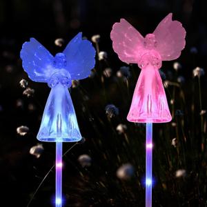 2 Pack Solar Angel Lights Outdoor, Solar Powered Color Changing Garden Stake Lights, Waterproof Memorial Decorative Lights for Cemetery Grave Yard Patio