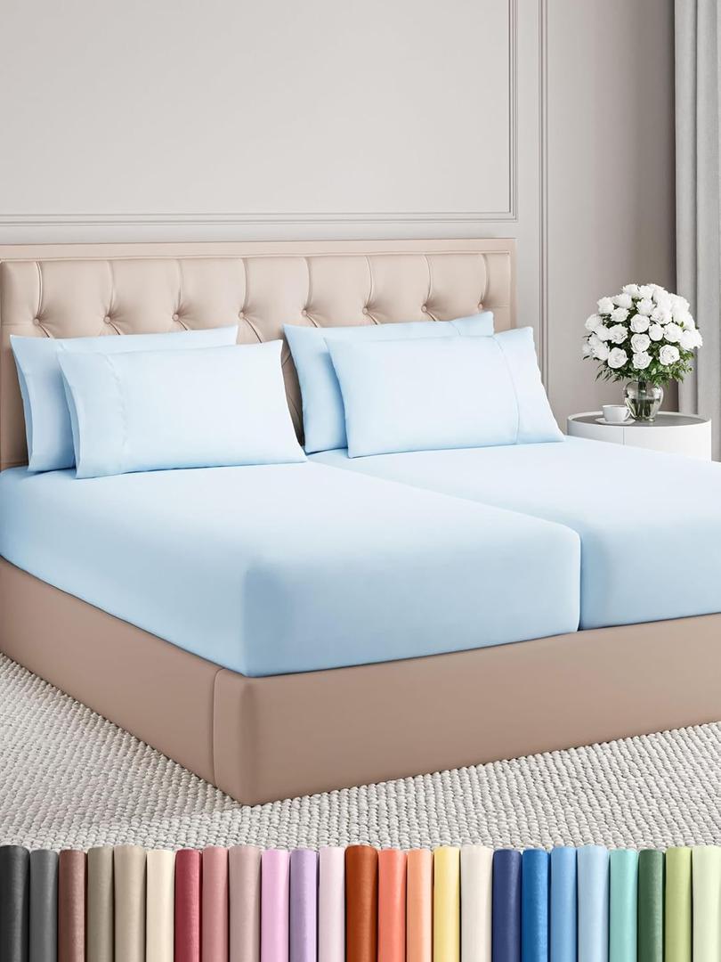 Split King 7 Piece Sheet Set - Cooling Sheets for Hot Sleepers - Hotel Luxury Bedding Set with 8-16 Inch Deep Pockets - 1 Flat & 2 Fitted & 4 Pillowcases - Soft, Easy Care & Wrinkle Free - Baby Blue