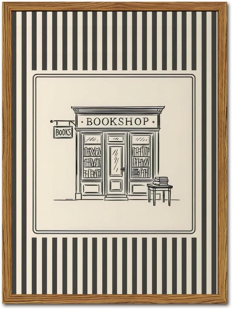 Vintage Striped Bookshop Wall Art, Retro Black and White Pictures Wall Decor College Minimalist Canvas Prints Paintings for Bathroom Bedroom Living Room 12x16 inch Framed