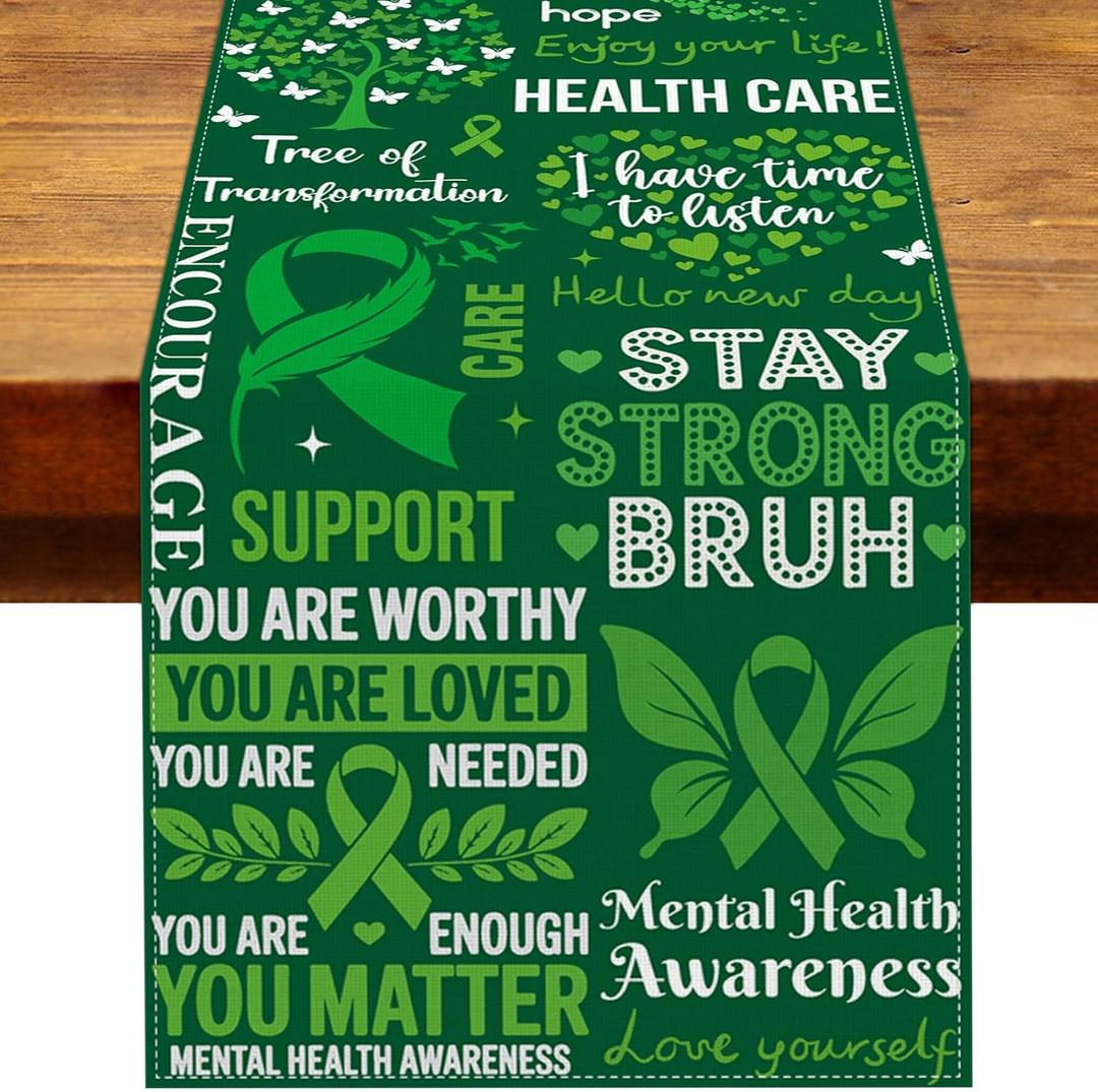 Mental Health Awareness Table Runner Motivational Inspirational Quotes May Decoration Green Ribbon Home Kitchen Dining Room Table Decor