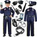 Police Officer Costume for Kids, Cop Costume Outfit Set with Toy Accessories, Halloween Costumes for Boys S(4-5Y), Silver Cap)