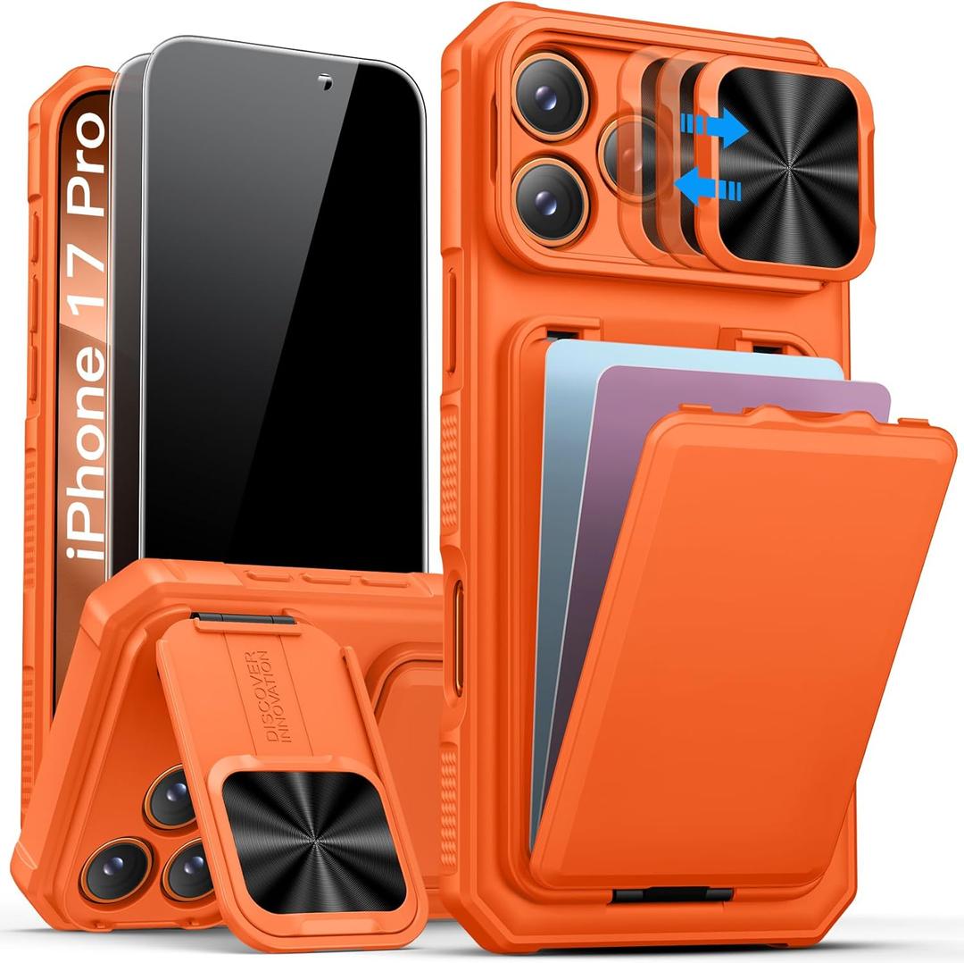 SSLOTSCASE for iPhone 17 Pro Case 2X Privacy Screen Protector, Wallet & Sliding Lens Cover & Kickstand & Credit Card Holder, Military-Grade Heavy Duty Hard Phone Cover for iPhone 17 Pro 6.3'', Orange