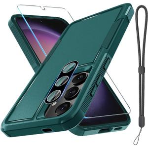 RMOCR Case for Samsung Galaxy S25 Plus, Full Body Heavy Duty Rugged Shockproof Protective Phone Cover with Lanyard Strap, Tempered Glass Screen Protector and Camera Lens Cover, Dark Green