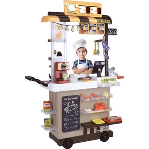 Grill Shop 83PCS Kids Kitchen Playset with Electronic Stove, Steam & Lights, Cash Register, Color-Changing Food, Water Sink & Accessories, Interactive Toy Grill Cooking Set Gift for Boys & Girls