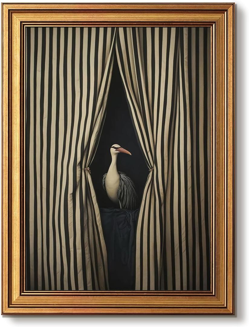 Gold Framed Wall Art, Moody Crane Pictures Wall Decor, Vintage Eclectic Bird Canvas Prints, Whimsical Surreal Humorous Animal Printings, Striped Artwork for Bathroom Bedroom Home Decor 16x24 Inch
