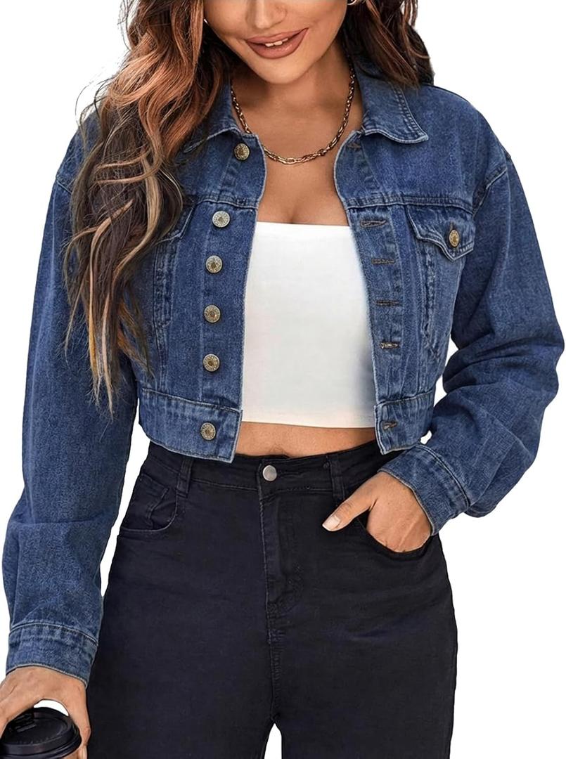 EMMIOL Cropped Denim Jacket for Women Vintage, Oversized Jean Jacket Distressed Dark Wash, Baggy Short Coat (Large, Medium Blue)