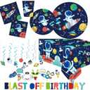 Serves 30 Complete Party Pack Outer Space Party Theme 9" Dinner Plates 7" Plates 30 Cups 2 Table Cover 30 Napkins 30 Beverage Napkins Blast off Birthday Banner 14 Swirls 12 Photo Props Space Birthday