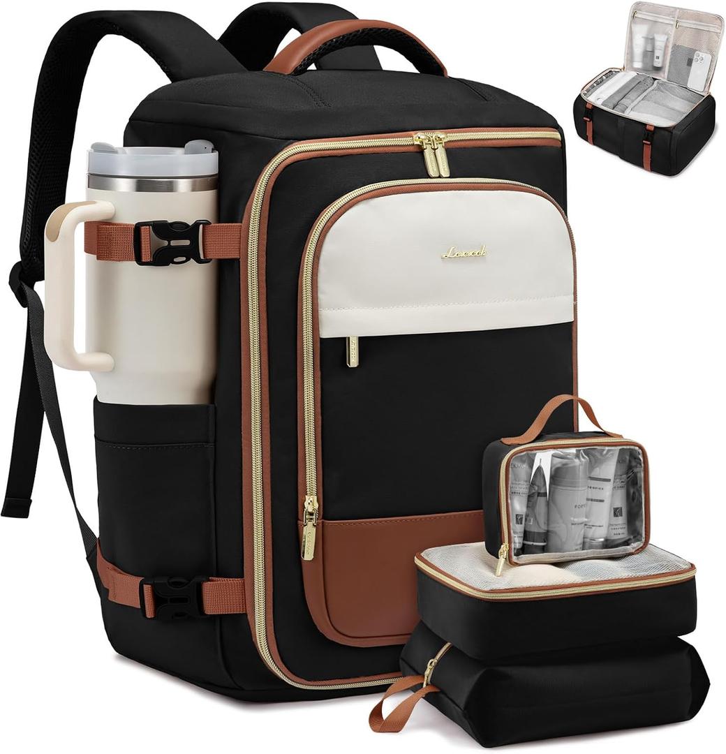 LOVEVOOK 40L Travel Backpack Carry on Flight Approved,Personal Item Bag with 3 Packing Cubes, Travel Backpack Bag for Women Fits 17" Laptop, Water-resistant Carry On Backpack for Airplanes (Black & Brown)