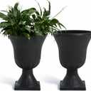 Worth Garden 2-Pack Plastic Urn Planters for Outdoor Plants, 22'' Black Tall Round Classic Resin Traditional Flower Pots - 15 in. Dia. Large Imitation Stone Decorative Pot Patio Deck Front Porch