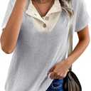 Womens Tops Summer Sweaters Short Sleeve Patchwork V Neck Henley Shirts 2026 Dressy Casual Business Tunic Blouses (Gray, S)