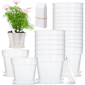 Hushee 10 Pcs 9 Inch Clear Nursery Pots Include 10 Saucer and 100 Plant Labels Set Transparent Plastic Plant Pot with Drainage Hole Clear Planter with Drip Tray for Herb Flowers Vegetable
