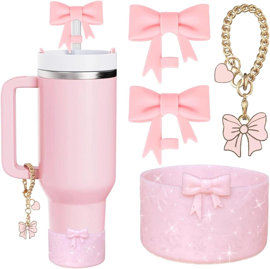 Sparkling Water Bottle Accessories Set for Stanley Cup ,2Pcs Bow Straw Cover Caps Straw Toppers,1Pcs Cute Bow and Heart Handle Charm and 1Pcs Bow Bling Silicone Boot for Stanley 30&40oz Tumbler (Pink)