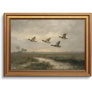 Gold Framed Wall Art Vintage Wall Decor Flying Duck Canvas Art Prints Wildlife Paintings Hunting Pictures Countryside Artwork for Bedroom Living Room 12x16in