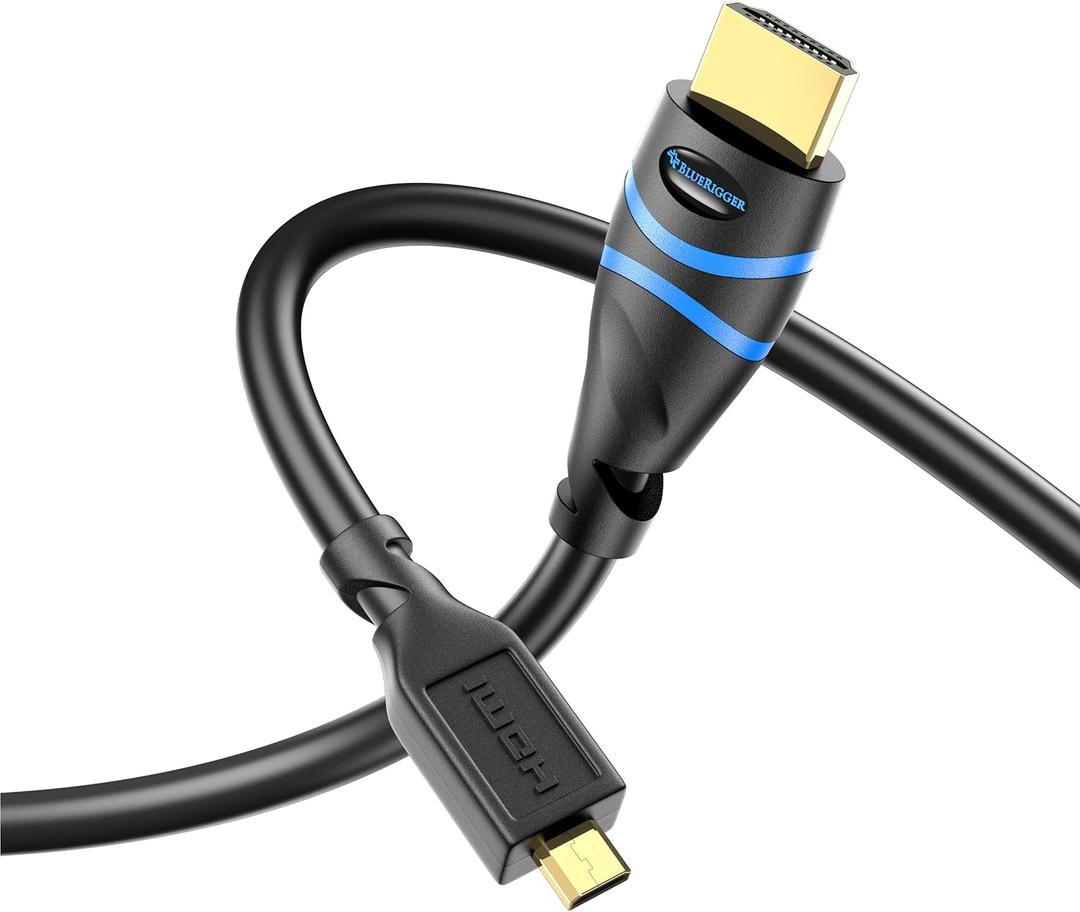 BlueRigger Micro HDMI to HDMI Cable (10FT, 4K@60Hz HDR, Male to Male, 3D, 18Gbps Cord, ARC) - Compatible with GoPro Hero 7/6, Raspberry Pi 4/5, Sony A6300 Camera/Retroid Pocket 3+, Nikon B500