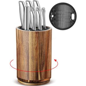 Hushee 360 Rotatable Knife Block Without Knives, 5.9 x 9 Inch Round Acacia Wood Knife Organizer Large Capacity Holder for Scissors Sharpening Rod, Holds up to 10 Knives, Kitchen Organization