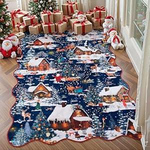 Wonnitar Christmas 3x5 Rug, Soft Christmas Area Rugs for Living Room, Non Slip Washable Entryway Rug, Low Pile Xmas Winter Reindeer Area Rug for Bedroom Kitchen Holiday Decor (Blue, 3'x5')