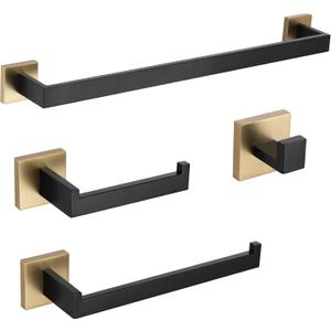 TURS 4-Piece Bathroom Hardware Set Black and Brushed Gold Towel Bar Set Hand Towel Holder Toilet Paper Holder Towel Hooks,Stainless Steel Wall Mounted 16 Inch Towel Bar