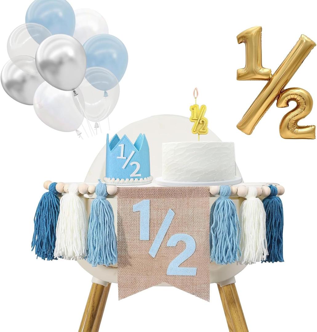 1/2 Birthday Boy Half Birthday Decorations High Chair Banner, 6 Month Girl Tassel Wood Bead Highchair Garland Blue