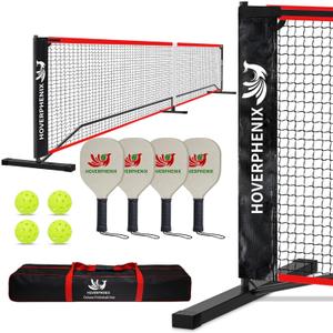Hoverphenix Pickleball Set with Net for Driveway, Portable Regulation Size Pickleball Net System with Paddle Set of 4, Outdoor Pickleballs, Carry Bag, Weather Resistant Metal Frame