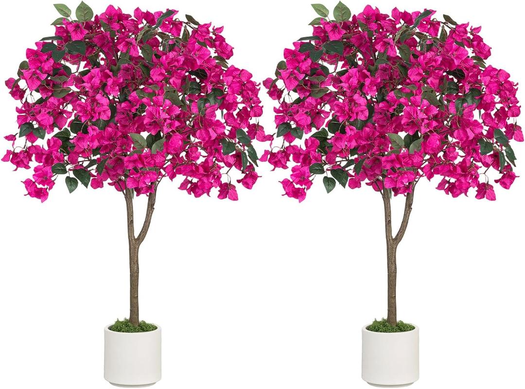 BLOSMON Bougainvillea Artificial Tree for Porch: 2-Pack 3.9ft Hot Pink Fake Flower Tree for Home Front Door Decoration - Faux Silk Floral Plant with Pot for Outdoor Garden Patio Indoor Decor