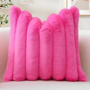 OTOSTAR Hot Pink Faux Rabbit Fur Throw Pillow Cover 18x18 Inch Soft Cozy Plush Striped Pillowcase Cushion Cover with Velvet Back for Sofa Couch Bed Living Room