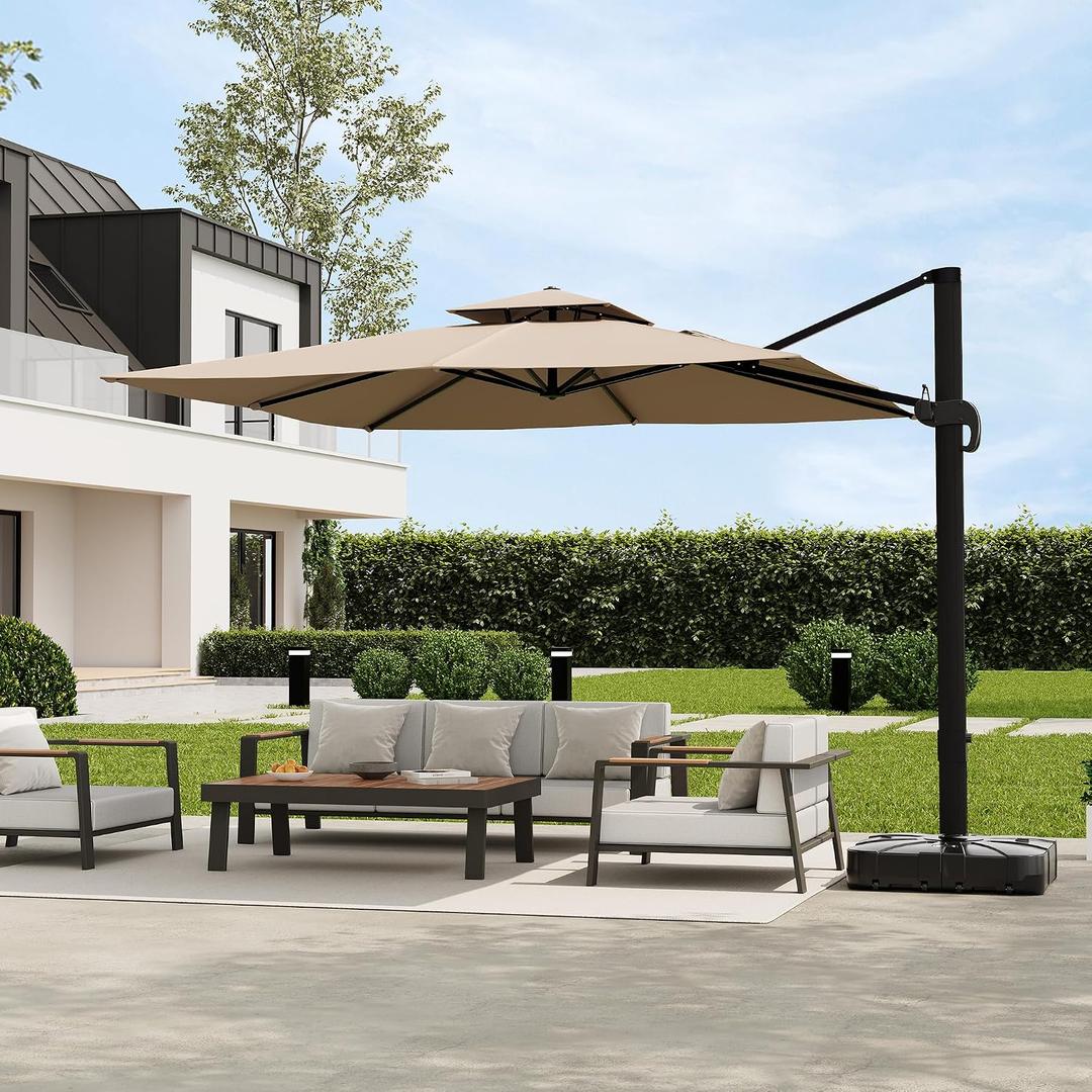 Garvee 10x10 ft Square Outdoor Umbrella, Cantilever Patio Umbrella | 360 Rotation & Adjustable Height, Heavy Duty Cantilever Patio Umbrella for Garden Poolside,Khaki