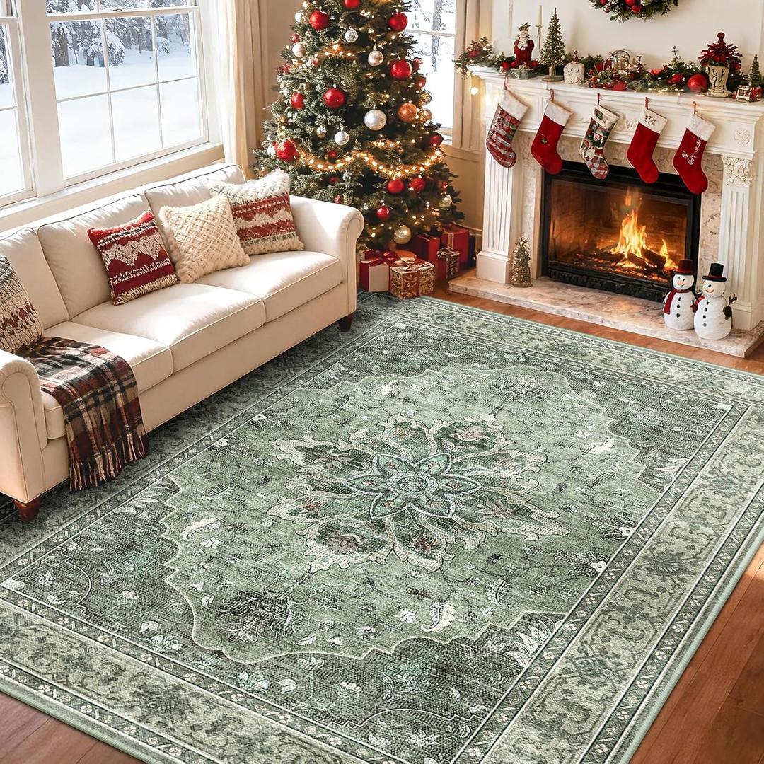 Area Rugs 6'x9' Washable Non-Slip, Floral Vintage Distress Print Pattern Medallion Carpet for Living Room Bedroom Dining Room, Dark Green Gray