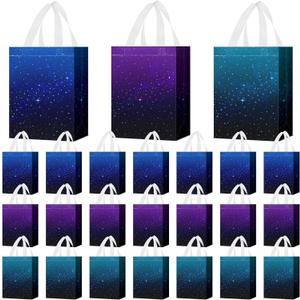 24 Pcs Galaxy Party Favor Bags with Handles Starry Sky Goodie Bag Reusable Non Woven Starry Galaxy Gift Bags Retro Candy Treat Gift Bag for Girl Boy Birthday Baby Shower Party, 8 x 4 x 10 Inch