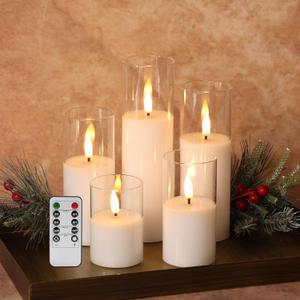 Clear Glass Flameless Candles with Remote Batteries, Flickering Slim LED Pillar Candles Set of 5 Clear Glass Flameless Candles with Remote Batteries, Flickering Slim LED Pillar Candles Set of 5